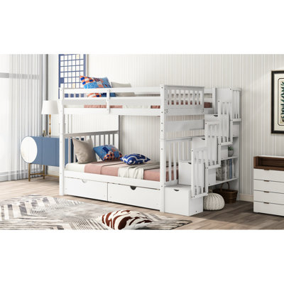 White Full - Over Bunk Bed With Shelves And 6 Storage Drawers, Four Compartments Under Stairs For Necessities, No Spring Box Required Bed, Color, Drawers Efficient Space Utilization, Solid Staircase