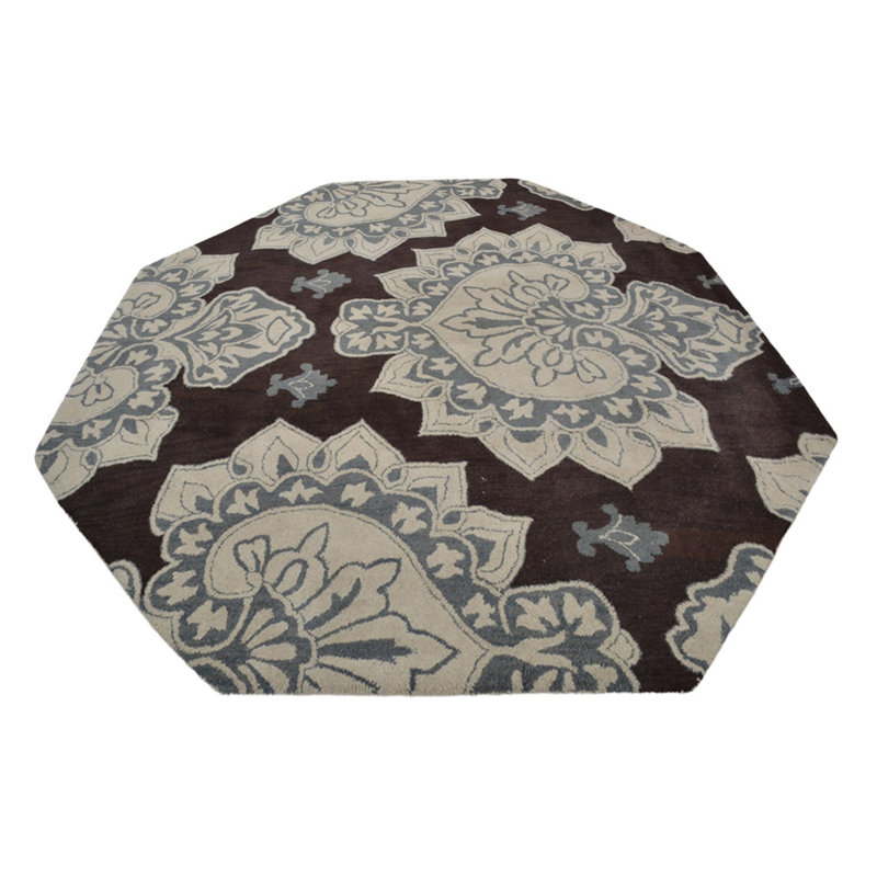 Tapis en laine touffetés à la main Vivanco - Octogone, couleur brun crème, design floral moderne, tapis antidérapants faits à la main épais pour le salon, la chambre à coucher