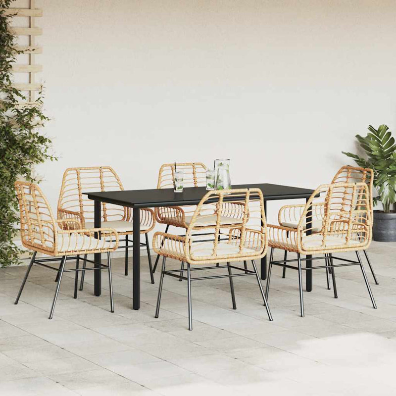 Ensemble repas de patio avec coussins en verre et poly rotin, Blanc / Brun, H 29,1 po x l 31,5 po x L 63 po, 6