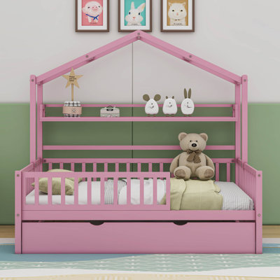 Wooden Full Size House Bed with Twin Size Trundle and Shelf -  Cosmic, COS83016839AAH