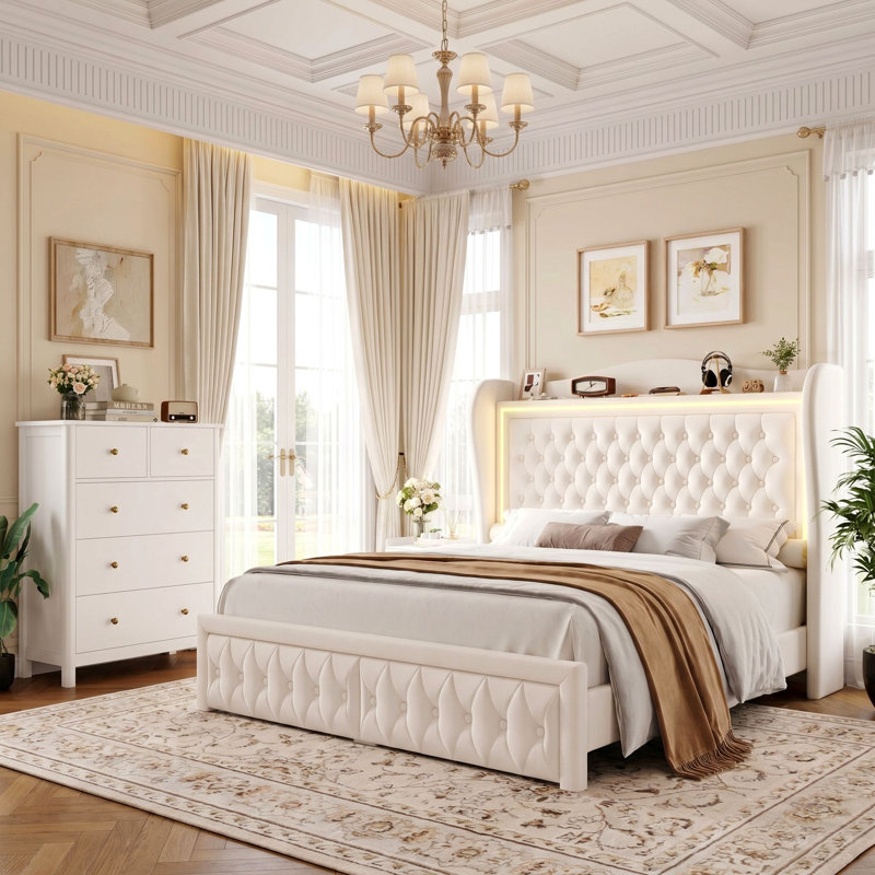 Ensemble de chambre à coucher 2 pièces, lit tapissier à lumière DEL avec 2 tiroirs, commode à 5 tiroirs pour la chambre à coucher, le salon ou le vestibule