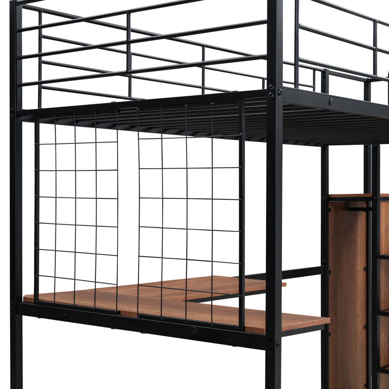 Lit mezzanine simple en métal avec bureau et grille - noir. Structure. Et arrangement de garde-robe. Polyvalent pour différentes utilisations. Complète le style de la pièce. Matelas non inclus grille noire. Cadre, n'importe quel look. Espace