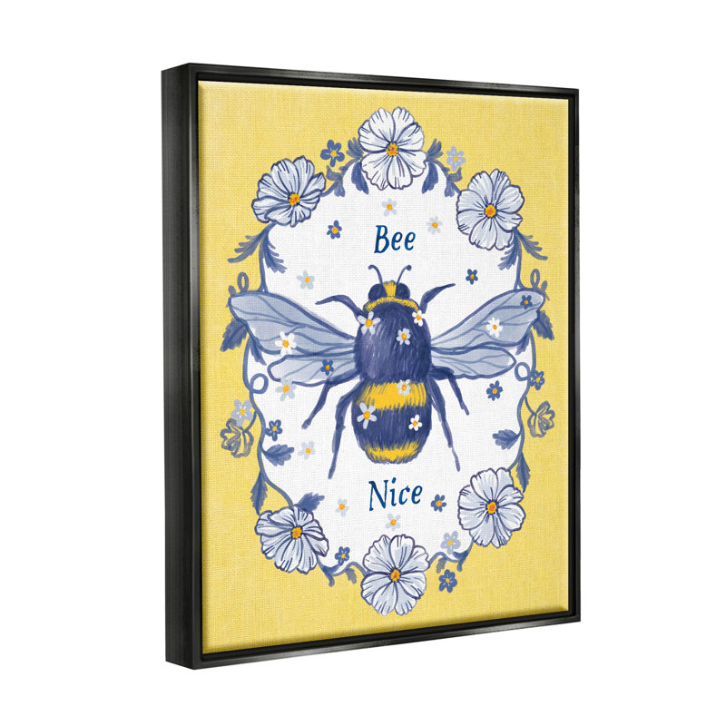 «Bee Nice», art floral encadré sur toile flottante par Be Ni La, H 31 po x l 25 po x P 1,7 po, Cadre flottant noir de jais