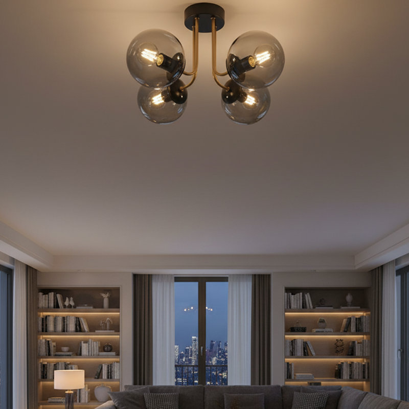 Modern 4-Light Flush Mount Ceiling Light With Glass Globe Shades, Fume, Black