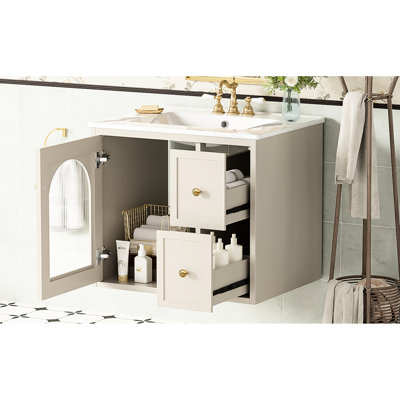 Meuble-lavabo mural de 24 po, lavabo en céramique, présentoir de porte en verre, 2 tiroirs, rangement intelligent, installation facile, porte de salle de bain contemporaine à 1 fermeture en douceur, installation, décoration