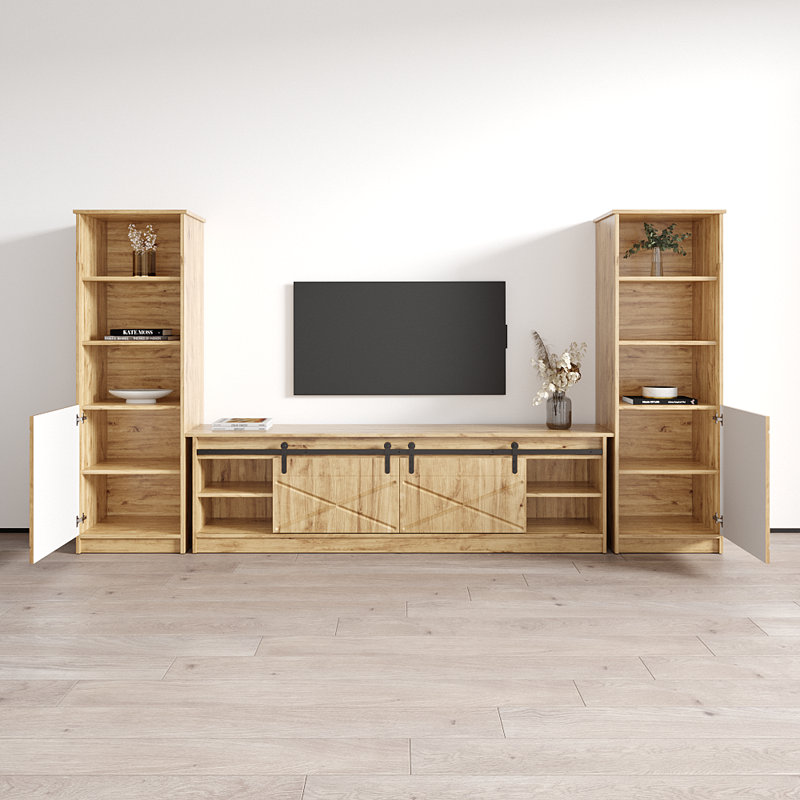 Fiorenze 120.5" Modern Entertainment Center with Electric Fireplace, High Gloss Finish, Media Storage, Oak/Black