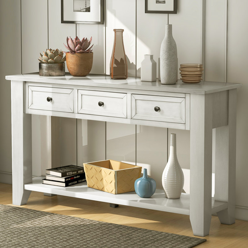Console moderne de 55 po avec 3 tiroirs et 1 tablette Shauney, Blanc
