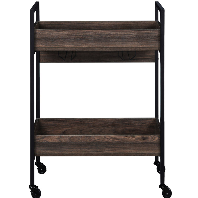 Chariot de service en noyer et noir, 2 tablettes, porte-gobelet, surface, chariot de service mobile en bois et métal, noir, tablettes
