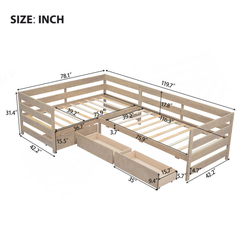 Lit plateforme simple en forme de L avec trois tiroirs de rangement, naturel