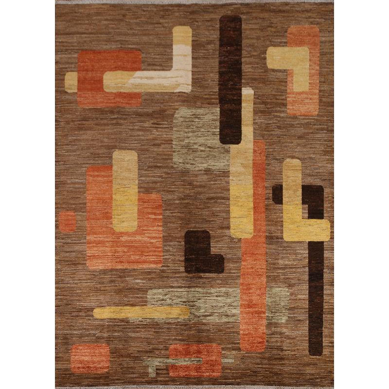 Tapis unique en laine noué à la main 6 pi 10 po x 8 pi 1 po nouvel âge brun / noir / orange
