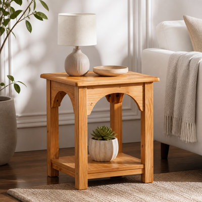 Farmhouse End Table with Storage, Solid Fir Wood 2-Tier Side Table, Living Room