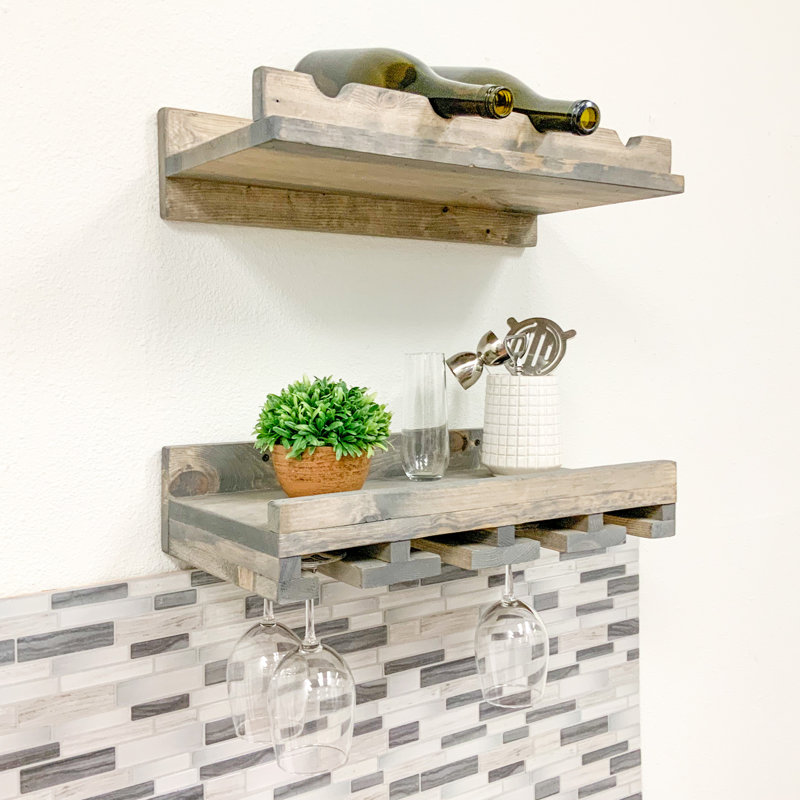 Support à vin à et à verres à fixation murale en bois massif Blende, H 6 po x l 19,5 po x P 10 po, Gris