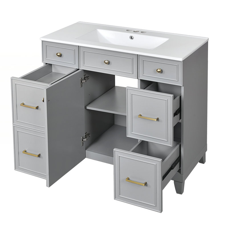 Meuble-lavabo 36 po avec lavabo en céramique, Gris, Doré