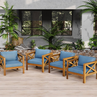 Fauteuils club d'extérieur en bois avec coussins bleus, conversation, siège ergonomique confortable pour la relaxation