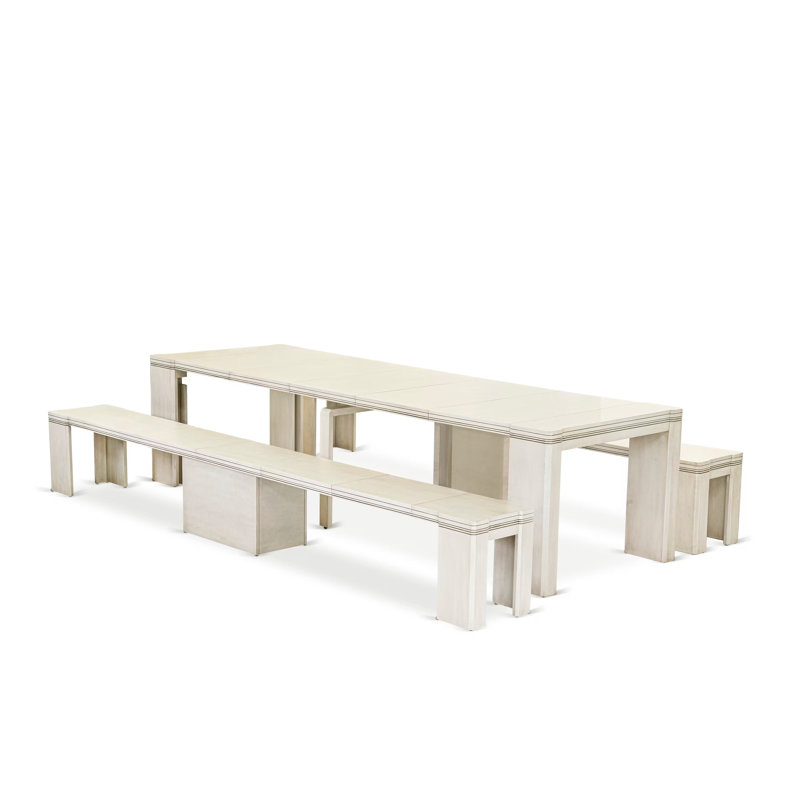 A68AB828550D4B65824ada30678C51D2 - Ensemble de salle à manger extensible 3 pièces comprenant 1 table extensible et 2 bancs modernes, blanc antique.