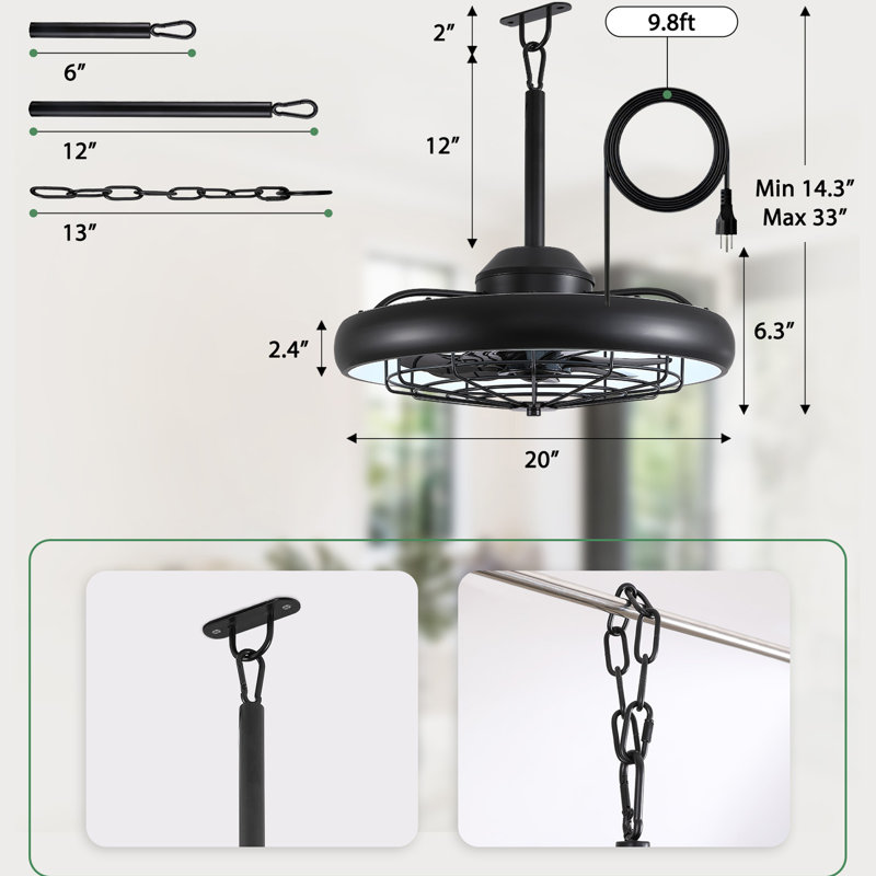 Ventilateur de plafond mural noir avec télécommande et lumière, ventilateur à cage 6 vitesses, 14.3" H x 20" W x 20" D