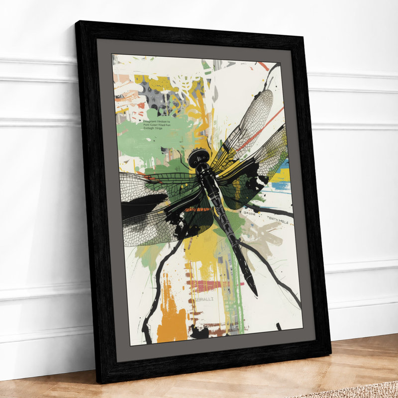 Dragonfly on Maps Eclectic - Framed Print, A4 - 29.7 x 21.0 cm, Black