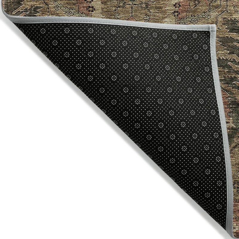 3' X 5' Brown Charcoal And Brick Red Damask Washable Indoor Outdoor Area Rug
