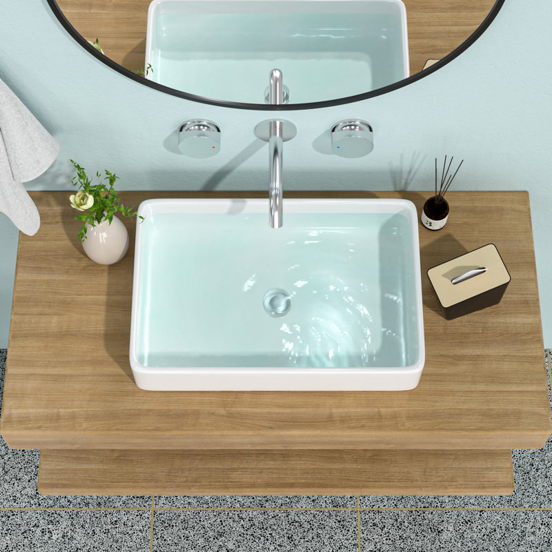 24"X16" White Ceramic Rectangular Vessel Bathroom Sink, White
