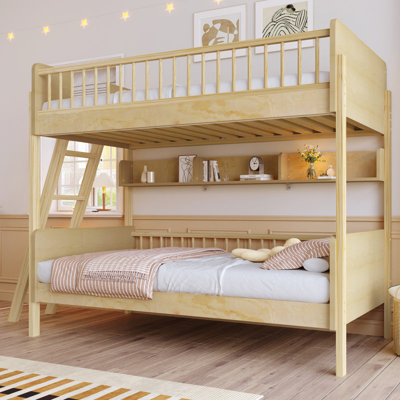 Bunk Bed With 3 Storage Shelves Between Top And Bottom, Natural