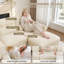 Canapé d'angle en chenille beige de 250 cm, pouf, coussin à volants et accoudoirs arrondis-1870905133