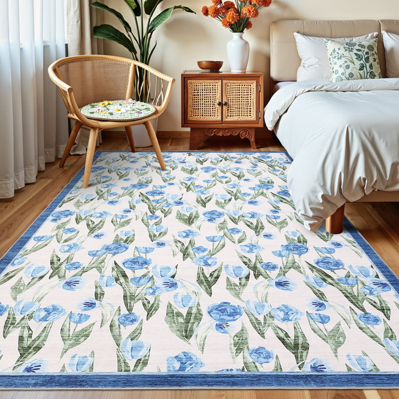 Large Area Rug 9x12 Washable Tulip Dining Room Rug, Non-Shedding -Thin Floor Carpet, Foldable Contemporary Indoor Mat, Easy Cleaning Rug