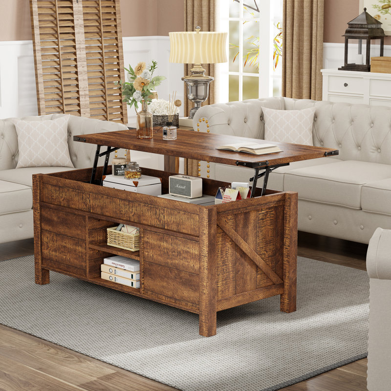 48"W Farmhouse Lift Top Storage Coffee Table with Sliding Barn Door & Adjustable Shelf, Brown Wood