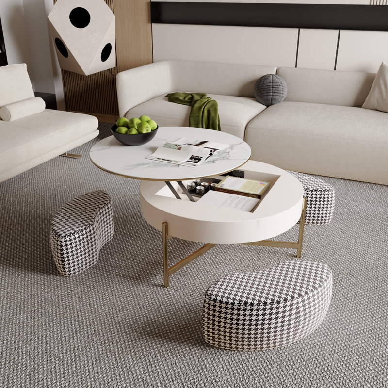 Eryka Countertop Lift Sintered Stone Coffee Table With Hide Storage,3 Stools,Stainless Steel Legs
