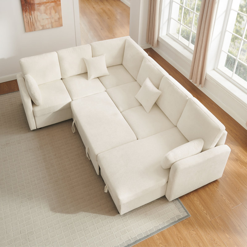 Modern Sofa With Storage Chaise And Pull-Out Sleeper, Beige