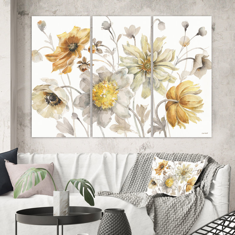 'Fields of Gold Watercolor Flower VII' Painting Multi-Piece Image on Canvas, 40" H x 60" W x 1" D