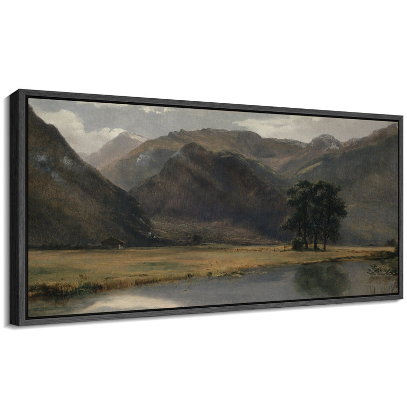 Tranquil Mountain Valley avec rivière, art moderne, H 30 po x l 60 po, Noir, noir, noir, noir