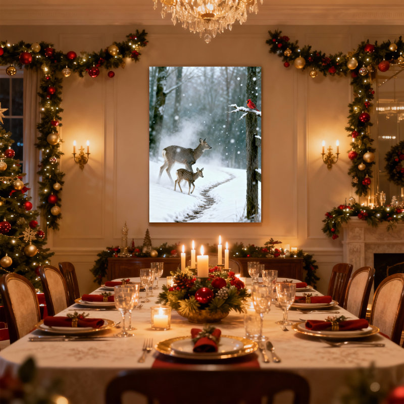 Cerf de Noël et fauve dans la forêt enneigée avec oiseau rouge, ensemble de 3 impressions sur toile, H 18 po x l 12 po