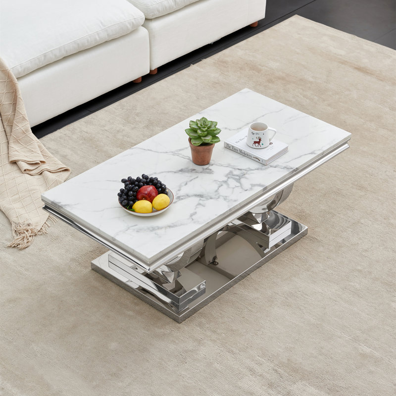 Table basse à piédestal Skailar, plateau en faux marbre , Blanc, Argent argent