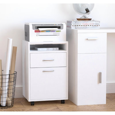 Armoire de rangement mobile en métal blanc, tablette, tiroir, porte, 4 roulettes omnidirectionnelles, conception compacte, cadre, se range sous le bureau de l'armoire de bureau, amplement d'espace pour les rames de papier, les cartouches d'encre,
