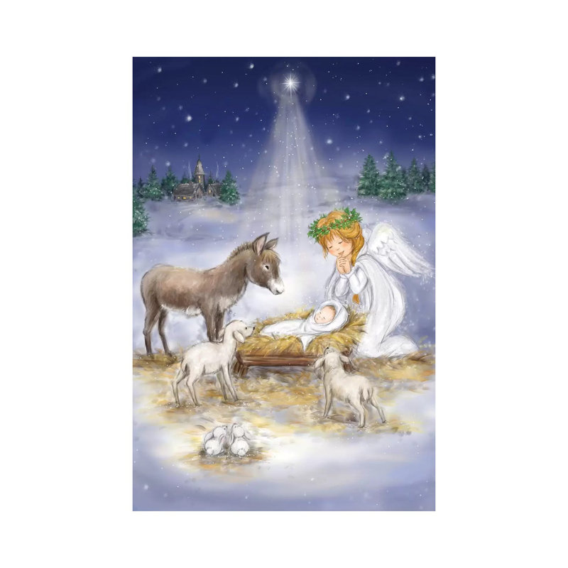 Nativité avec ange par Makiko - peinture sur toile tendue, H 12 po x l 8 po x P 0,75 po