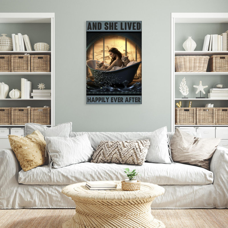Woman In Bathtub And She Lived Happily - 1 Piece R " Woman In Bathtub And She Lived Happily - 1 Piece Rectangle Graphic Art Print On Wrapped Canvas "