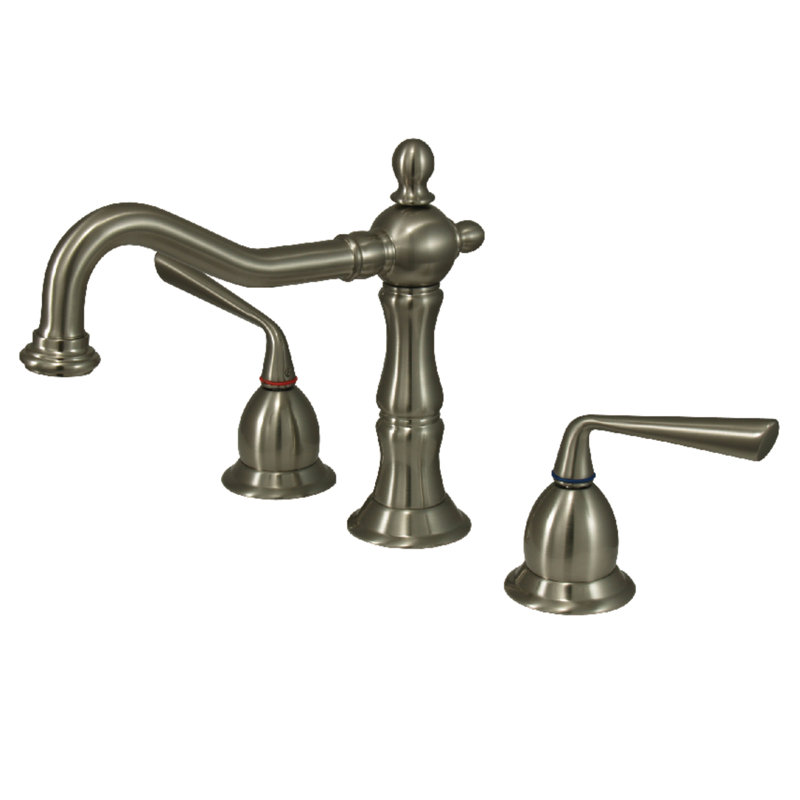 Kingston Brass Silver Sage Two-Handle 3-Hole Deck Mount Widespread Bathroom Faucet with Brass Pop-Up Drain, Brushed Nickel
