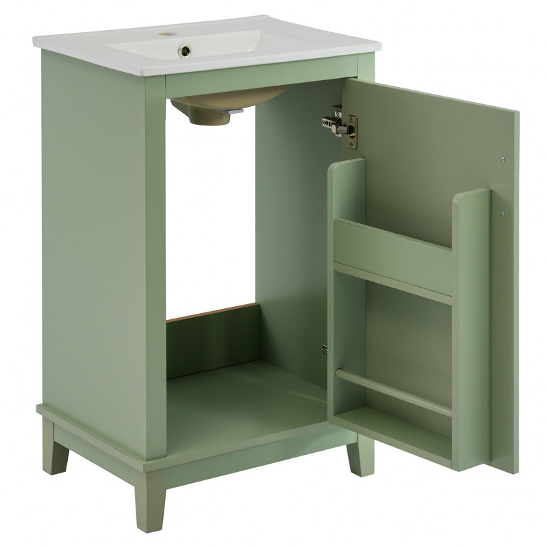 Meuble-lavabo moderne avec lavabo en céramique et grand rangement, Vert