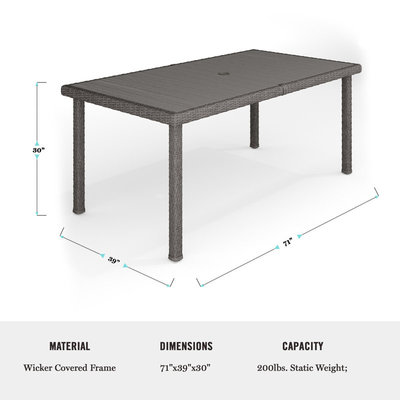 Martha Stewart 71" Outdoor Rattan Wicker Patio Table with Engineered Wood Top, Grey
