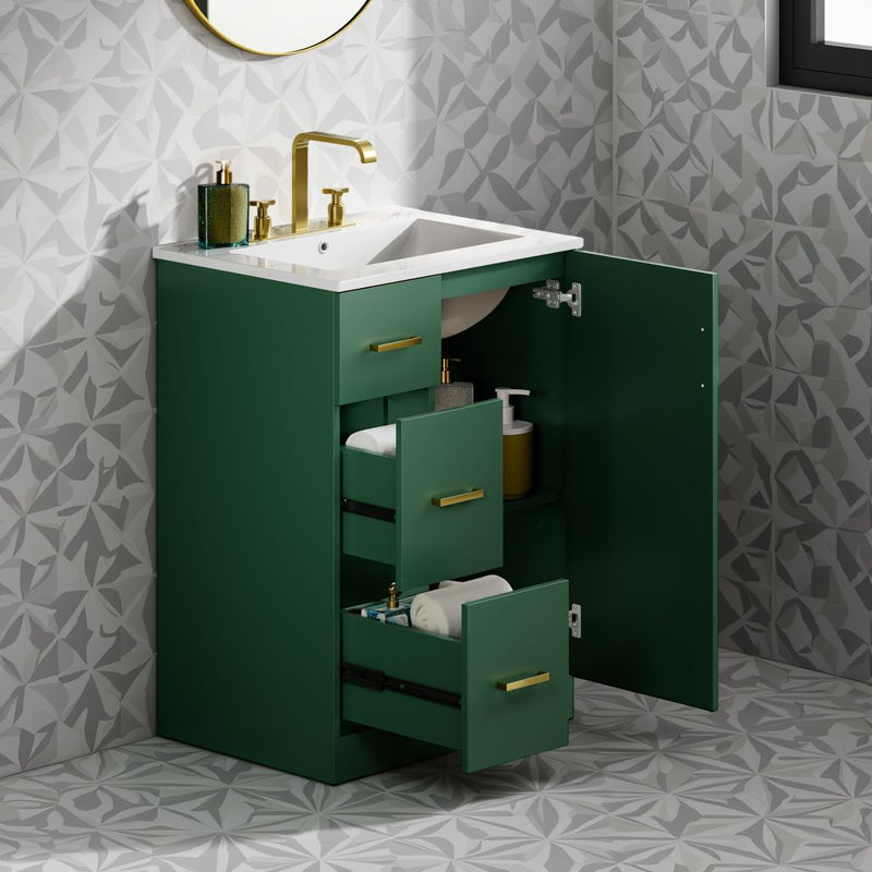 24" Modern Bathroom Vanity with Ceramic Sink – Space-Saving Storage Solution, Green