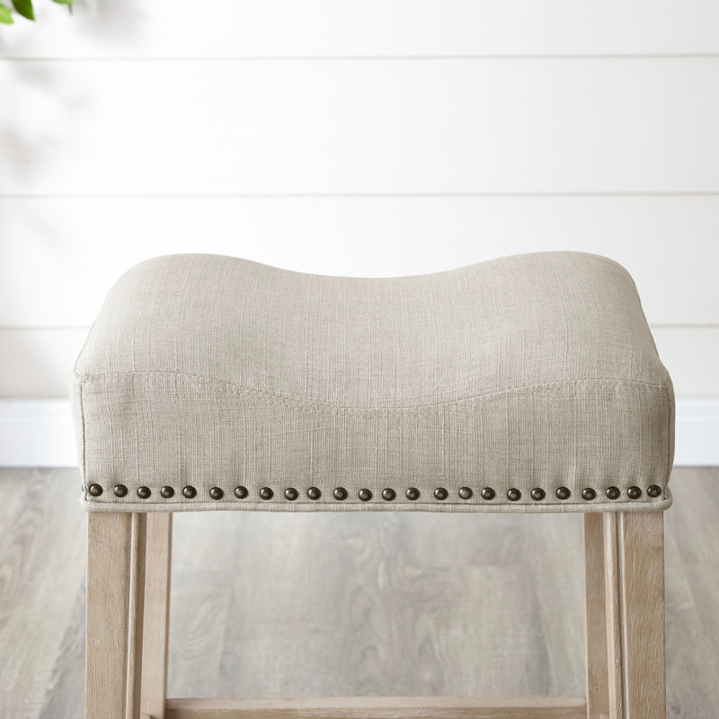 Tan Upholstered Counter Stools With Backless Saddle Seat Design, 24" High, Of 2, Wood For House Furnishing Height Stools, Tan, Construction Residence Area
