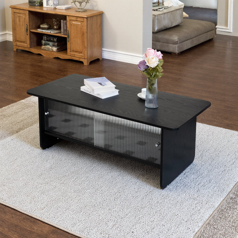 Table basse moderne avec portes coulissantes en verre cannelé, Noir