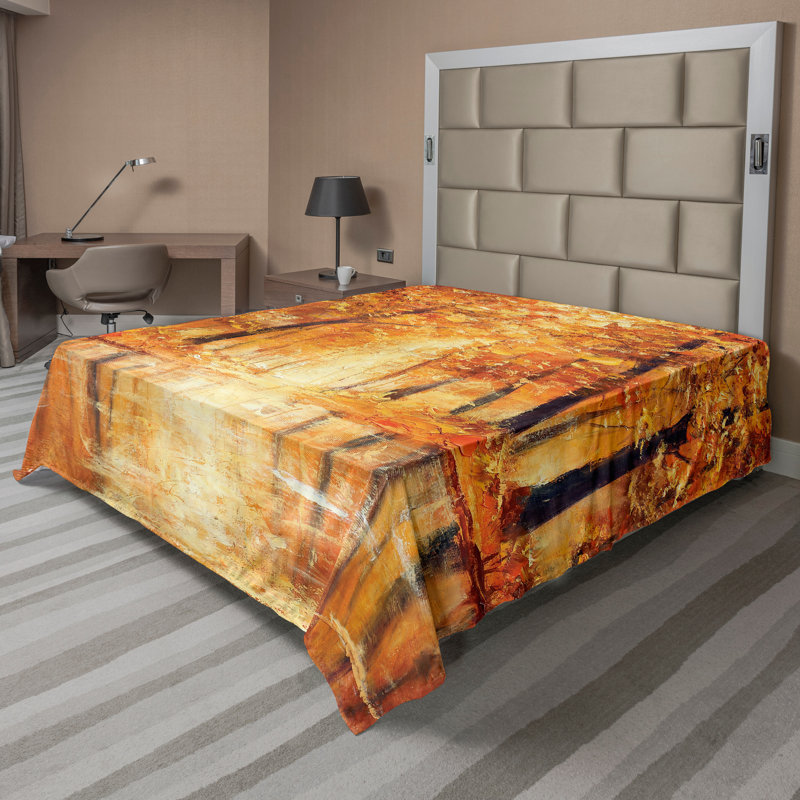 Ambesonne, drap plat d'automne, forêt, lac, automne, arbres, orange, brun, Drap plat pour très grand lit californien
