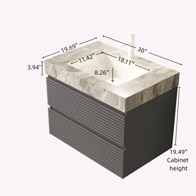 Meuble-lavabo suspendu de 76 cm (30 po) avec lavabo encastré, armoire de rangement en contreplaqué rayé et comptoir en pierre frittée, sans robinetterie