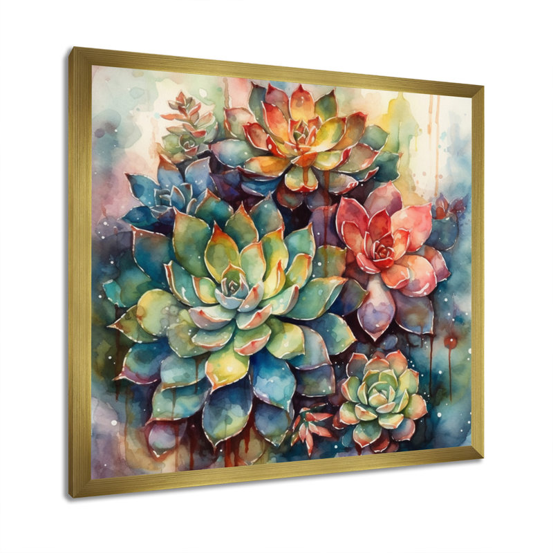 Rylinn vert rouge cactus paysage IV - art mural cactus, Cadre doré, H 24 po x l 24 po