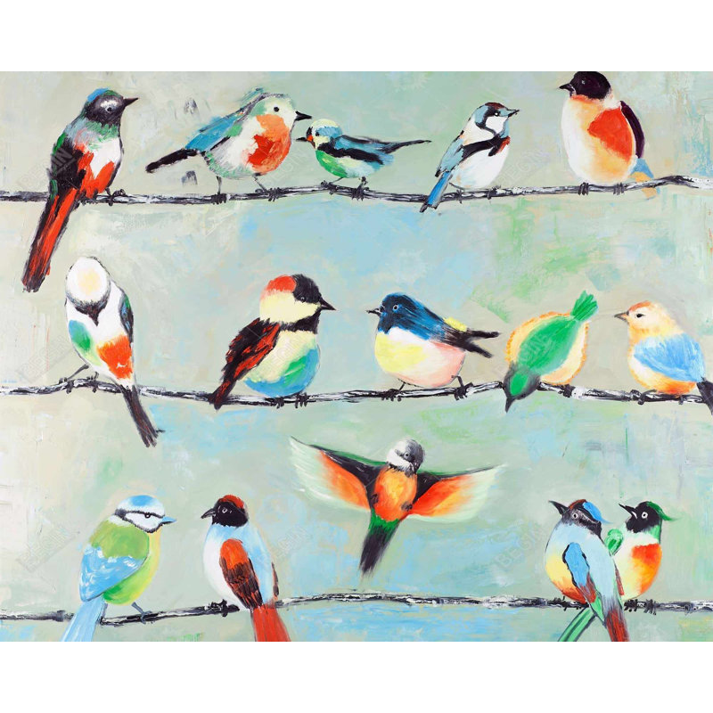 Petits oiseaux colorés abstraits - décor de toile Mint, H 60 po x l 48 po