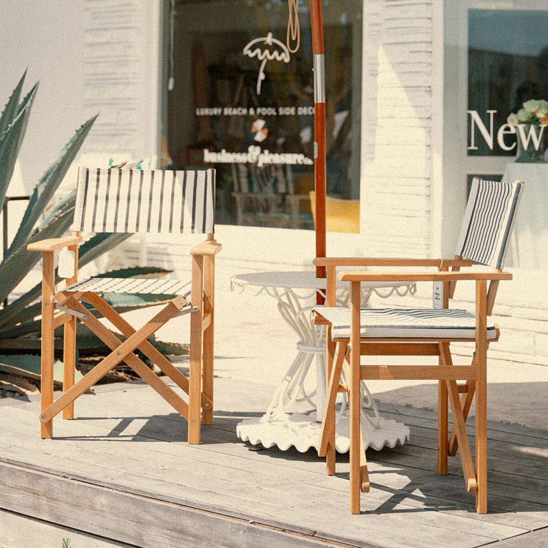 Directors Chair Table, Black/White Striped/Natural Wood