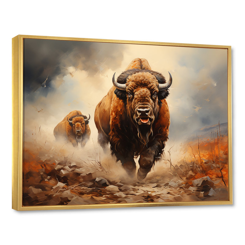 " Native Buffalo Mesmerizing I ", 12" H x 20" W x 1" D, Gold Floater Framed