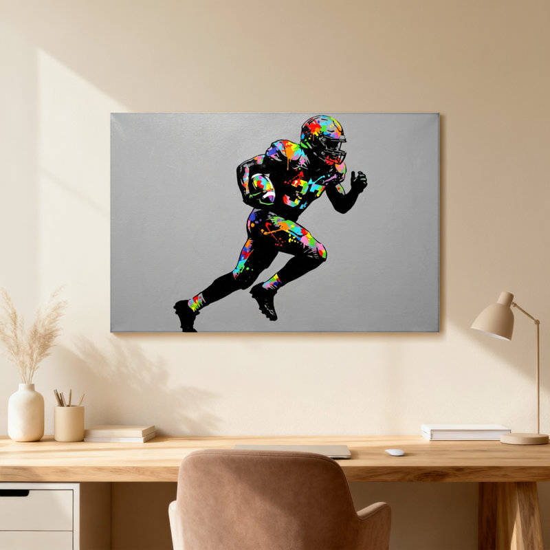 Joueur de football coloré en mouvement, H 24 po x l 36 po, Cadre photo unique, Grain de bois clair