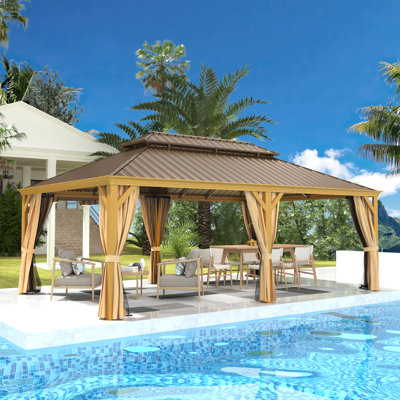 12' W x 18' D Outdoor Hardtop Gazebo with Aluminum Frame & Double Galvanized Steel Roof, Heavy Duty Permanent Pavilion with Netting & Curtains for Patio, Lawn, Deck